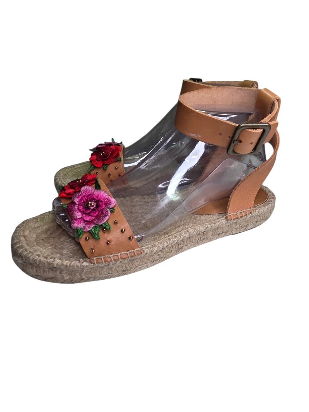 Soludos x Anthropologie Leather Floral Embroidered Espadrille Sandals Size 9.5